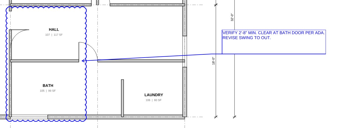 A blue revision cloud around a hall and bath, with a leader note: Verify 2 foot 8 inch minimum clear at bath door per ADA. Revise swing to out.